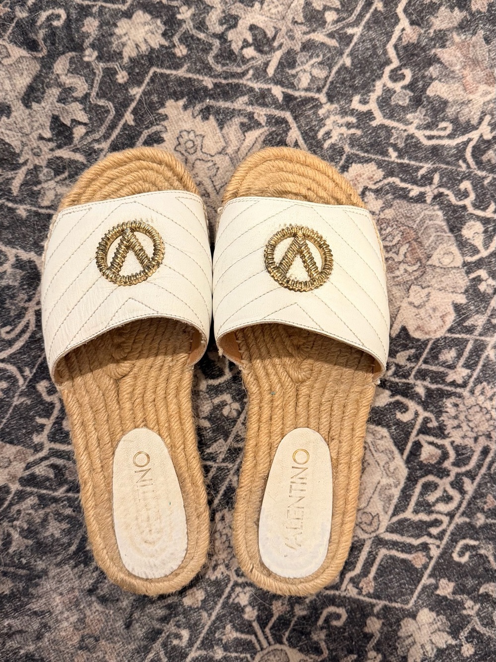 Valentino Cream Quilted Slide Mules with Rope Sole and Gold Logo - Picture 3 of 5